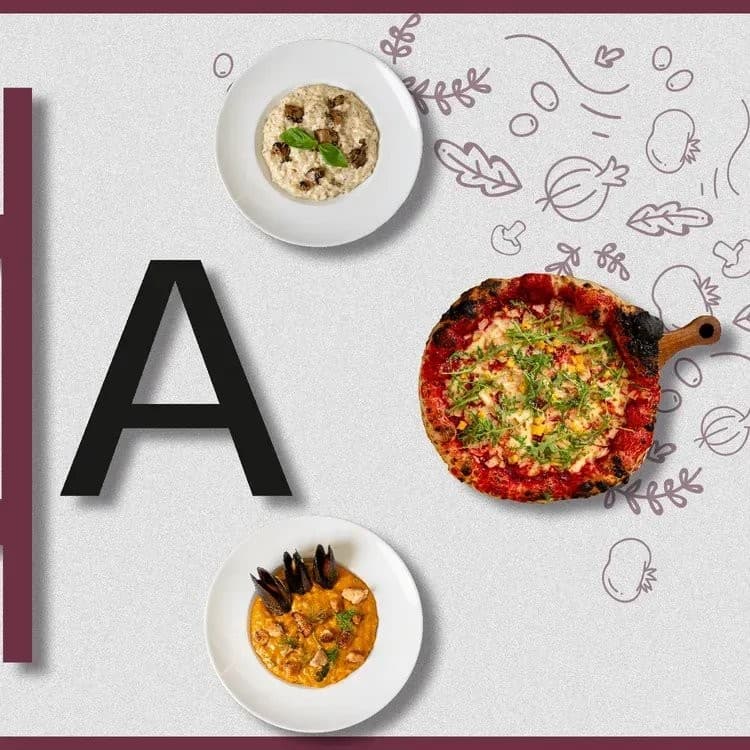 An overhead food shot of a wood-fired pizza and two plated sides arranged around a large letter A, from Regina's alphabet menu series