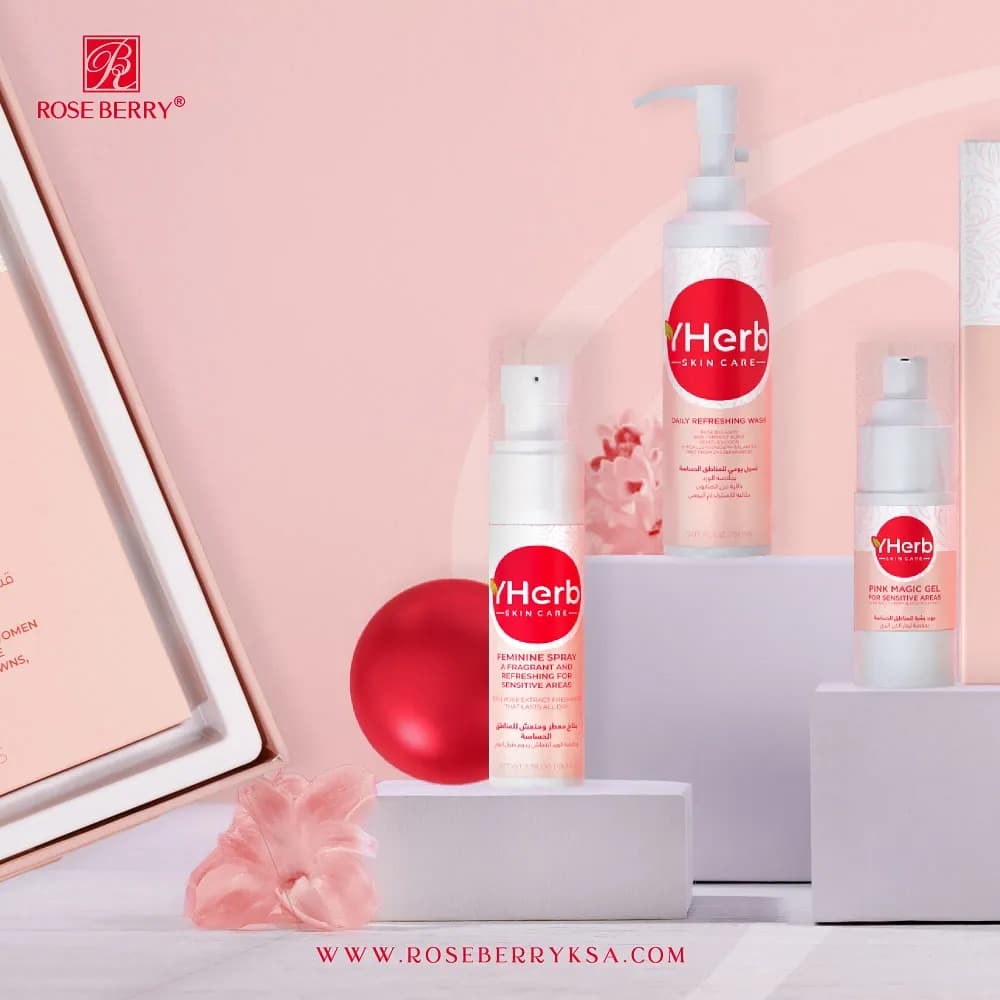 The VHerb skincare range arranged on pink plinths