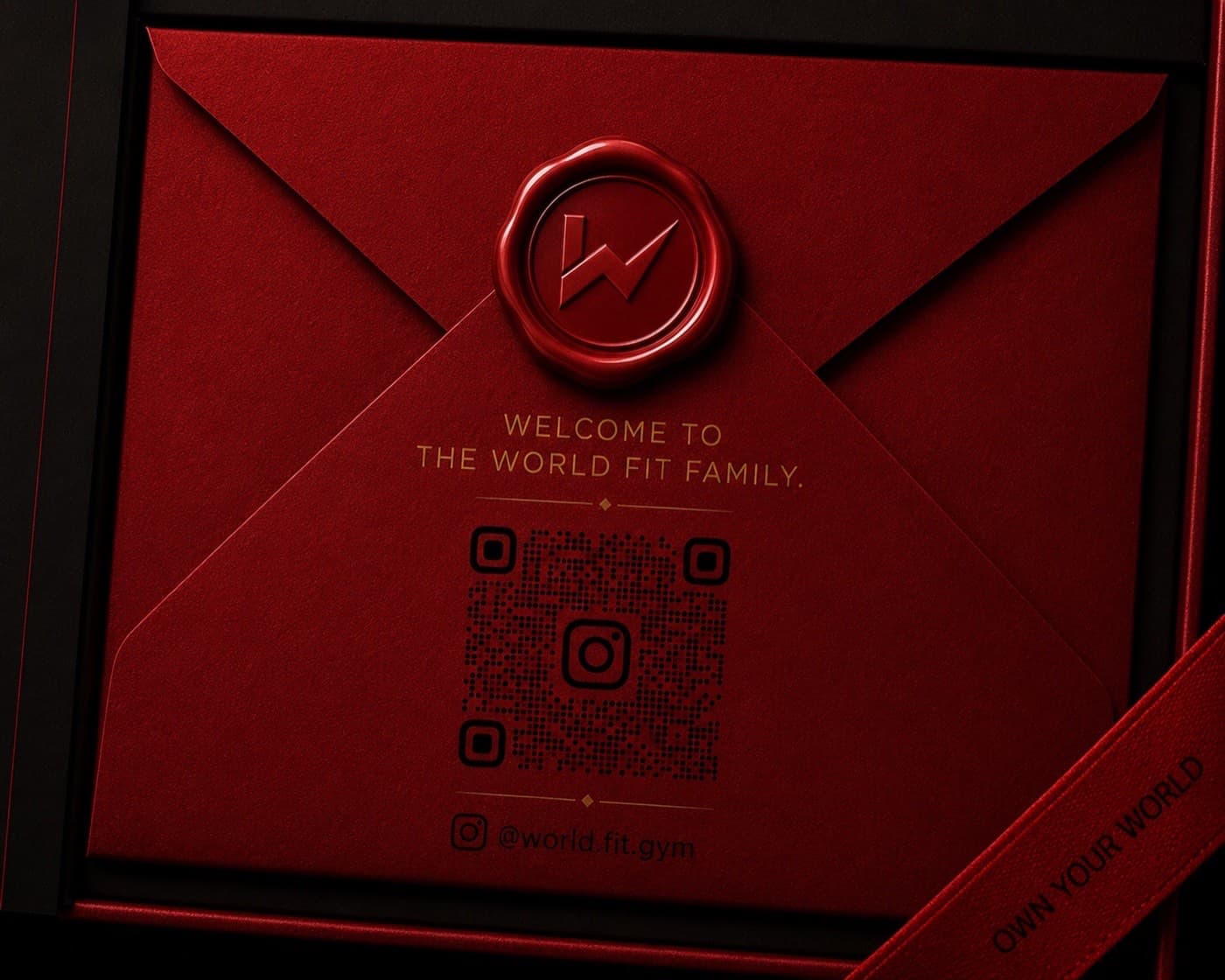 A sealed red envelope printed with a QR code that opens the World Fit Instagram