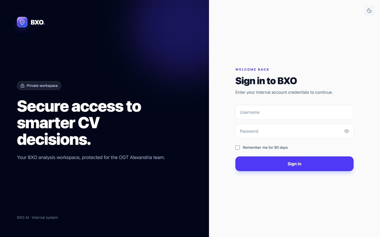 The BXO CV Analyzer sign-in screen — 'Secure access to smarter CV decisions'