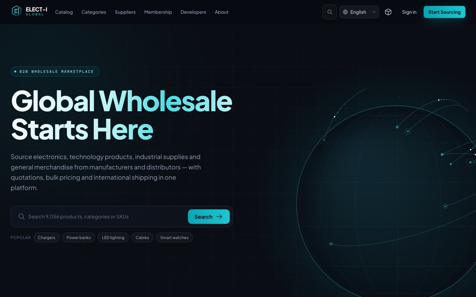 The ELECT-I Global homepage — 'Global Wholesale Starts Here' with a product search bar over a dark globe illustration
