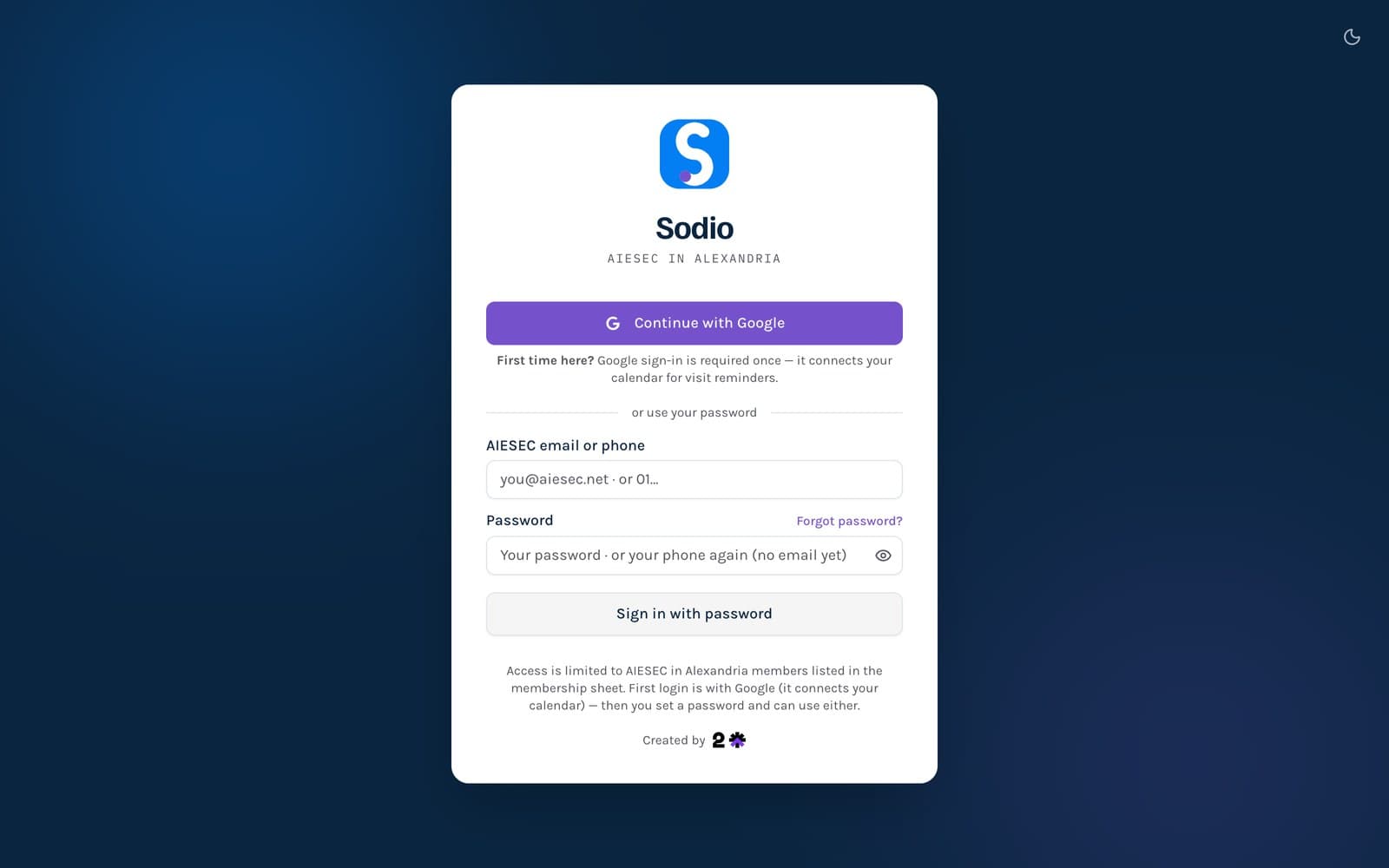 The Sodio sign-in screen — the Sodio mark and wordmark over a deep navy field, with Google and password sign-in