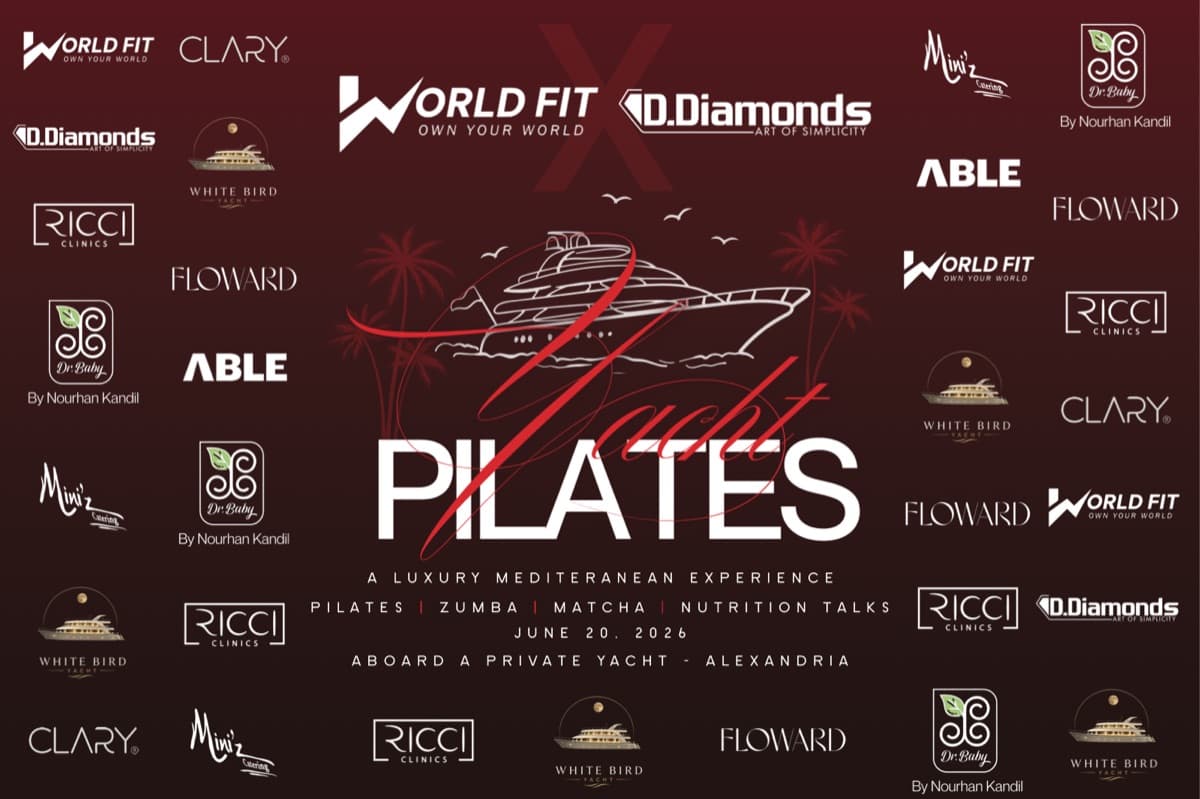 The Yacht Pilates sponsor wall we designed — the event lockup surrounded by partner brand logos