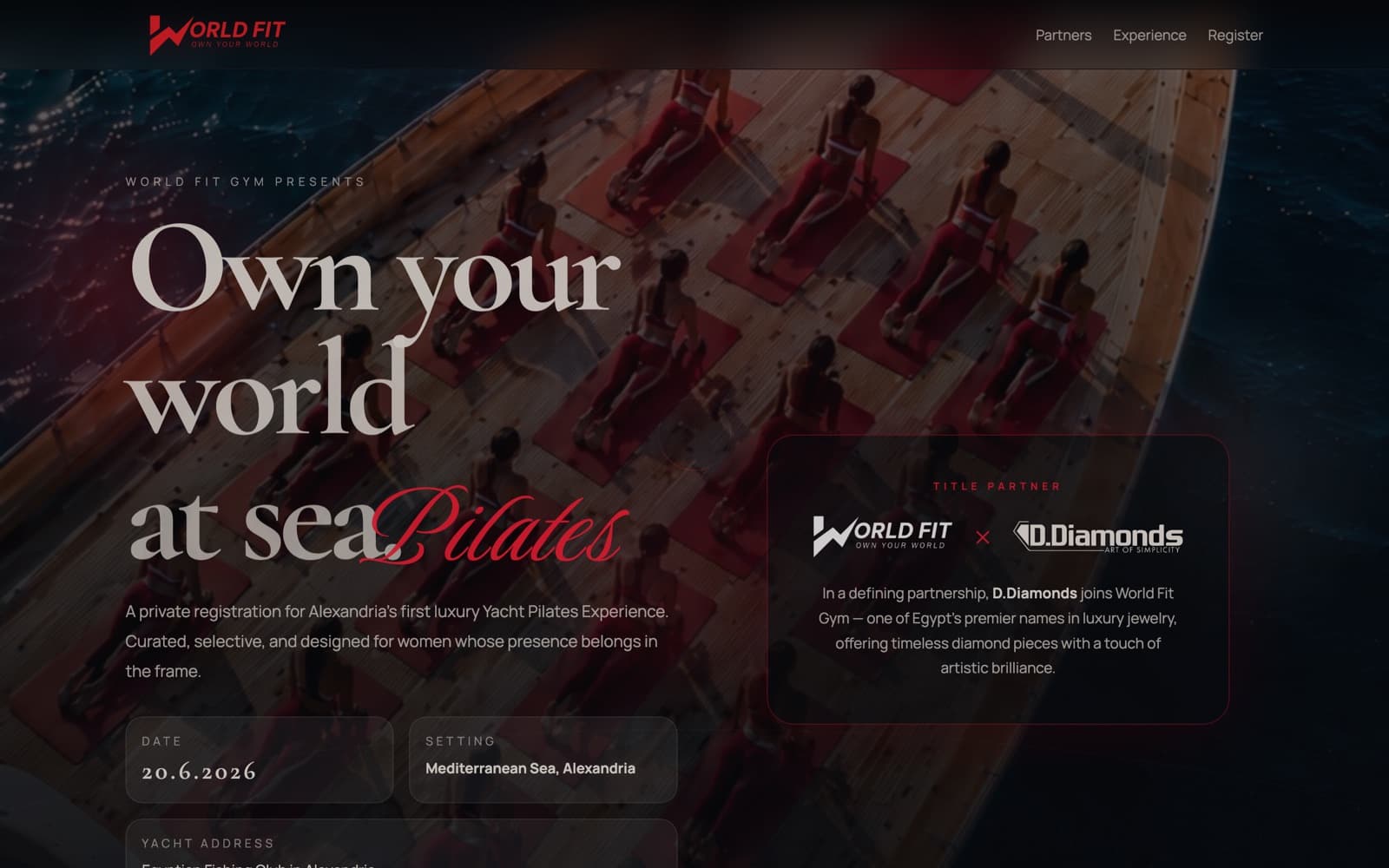 The Yacht Pilates registration site — 'Own your world at sea' over an aerial shot of a pilates class on a yacht deck